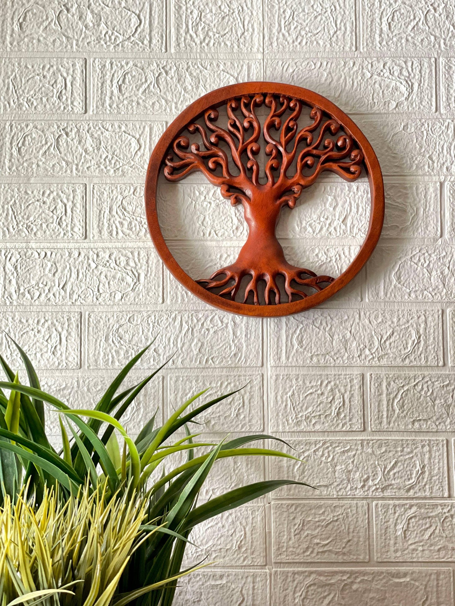 Hand Carved Mahogany Tree Of Life Wood Wall Plaque 11.5 Inch