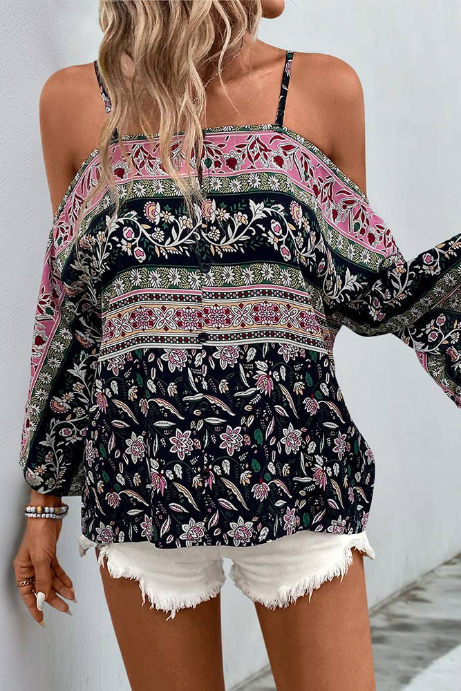 Camisole Batwing Sleeve Bohemian Print Blouse BFZY1325: Black / L