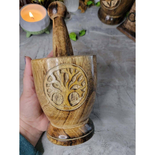 Witch's Wooden Mortar & Pestle; Tree of Life