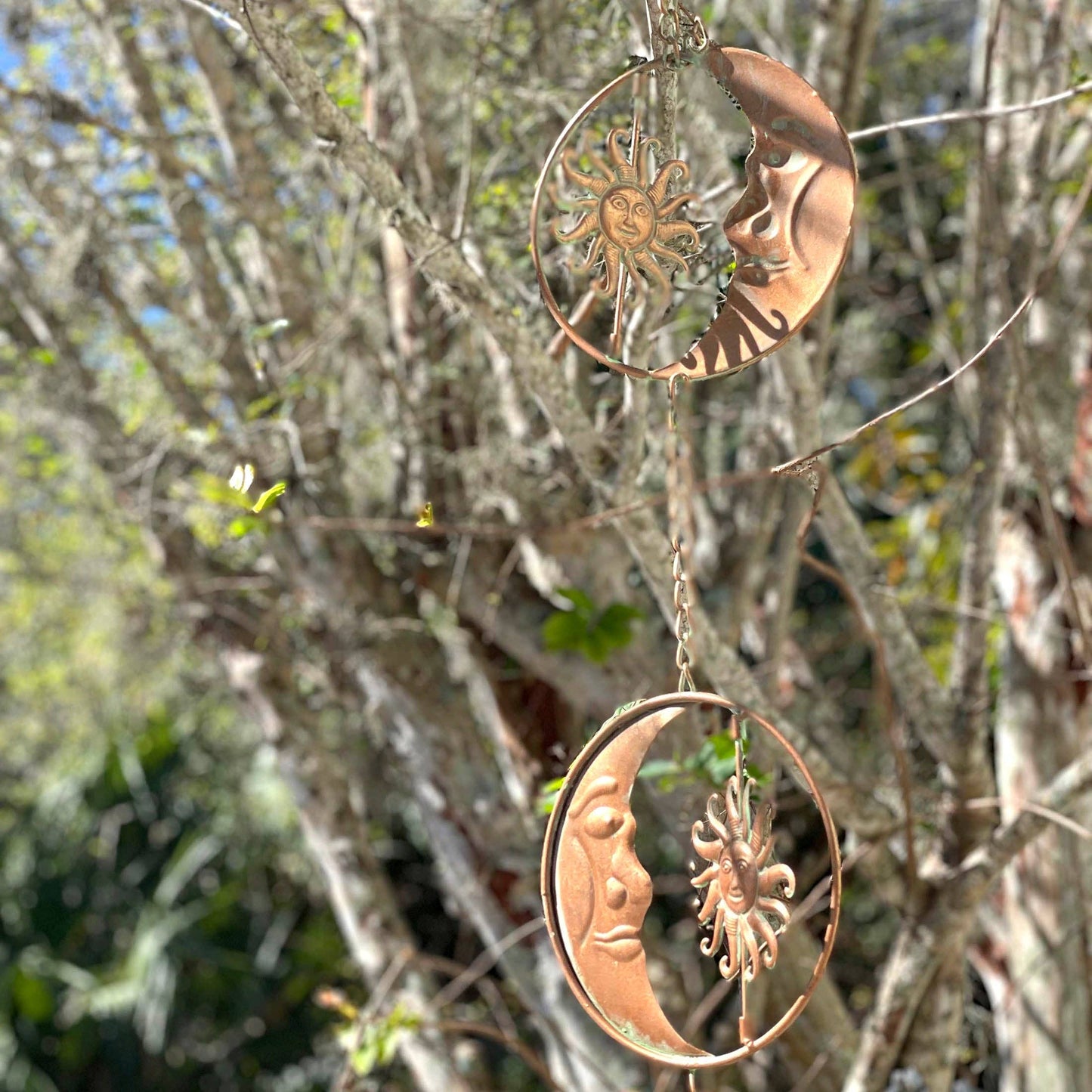 80-Inch Metal Rain Chain with Celestial Crescent Moon & Sun: Copper