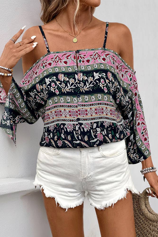 Camisole Batwing Sleeve Bohemian Print Blouse BFZY1325: Black / L