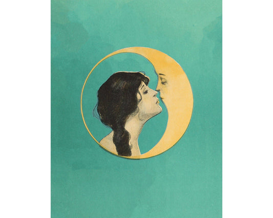 Woman kissing the moon | Vintage love and Valentine | Antiqu: 5x7 Inches