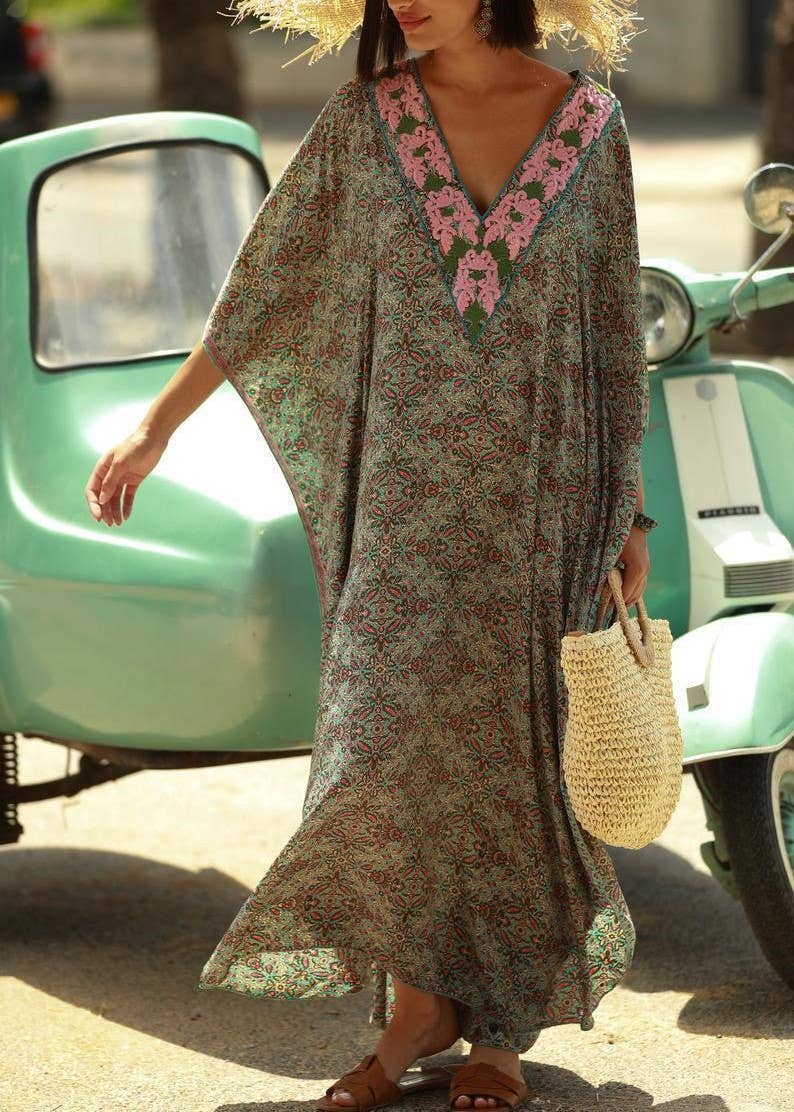 Bohemian V-Neck Beach Colorful Print Dress Kaftan: Printed / M