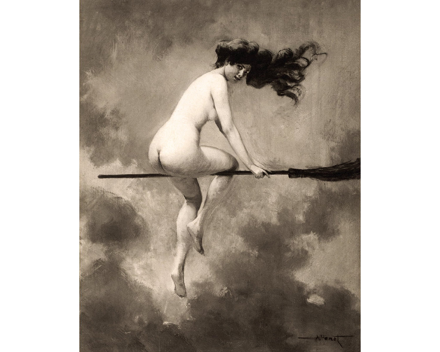Witch on her broom | Vintage nude woman print | Albert Josep: 8x10 Inches