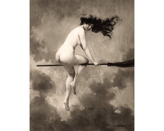 Witch on her broom | Vintage nude woman print | Albert Josep: 8x10 Inches