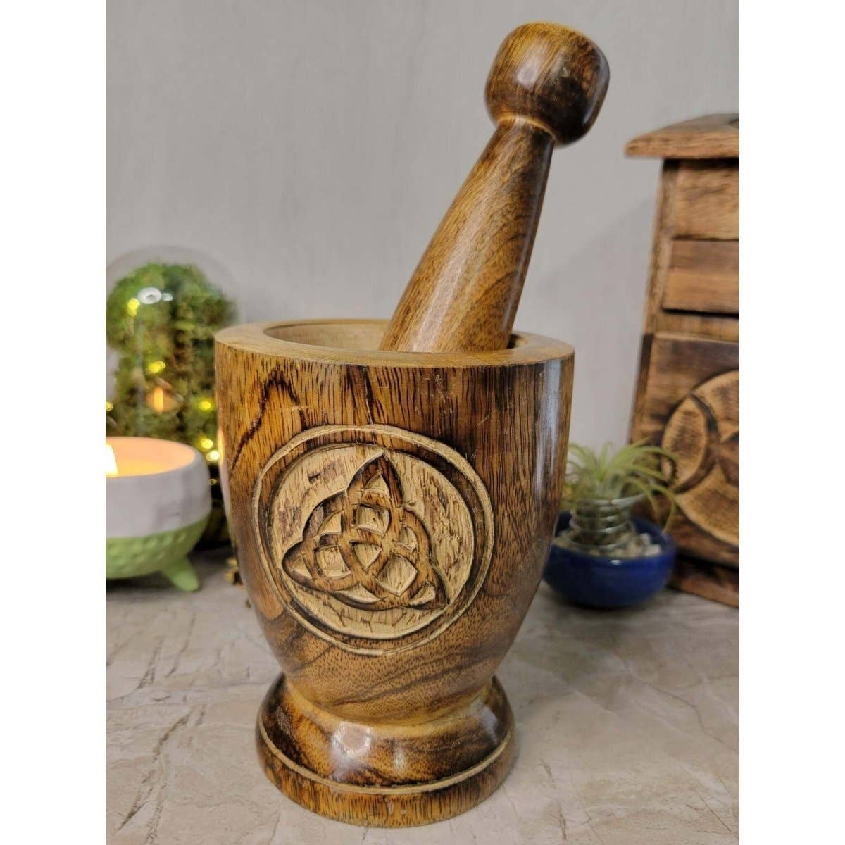 Witch's Wooden Mortar & Pestle; Triquetra