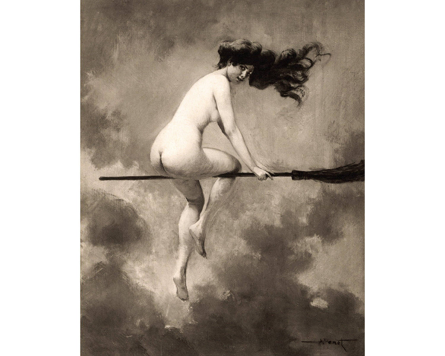 Witch on her broom | Vintage nude woman print | Albert Josep: 8x10 Inches