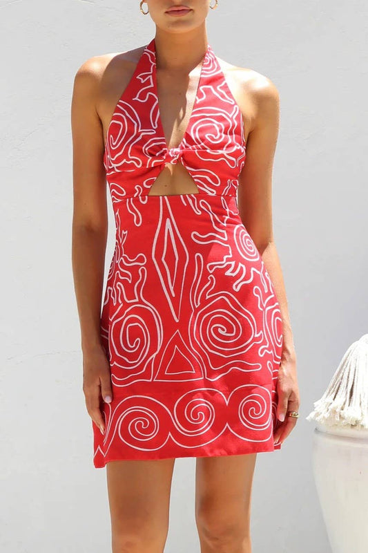 Sun goddess inspired halter mini dress in red: Red / S