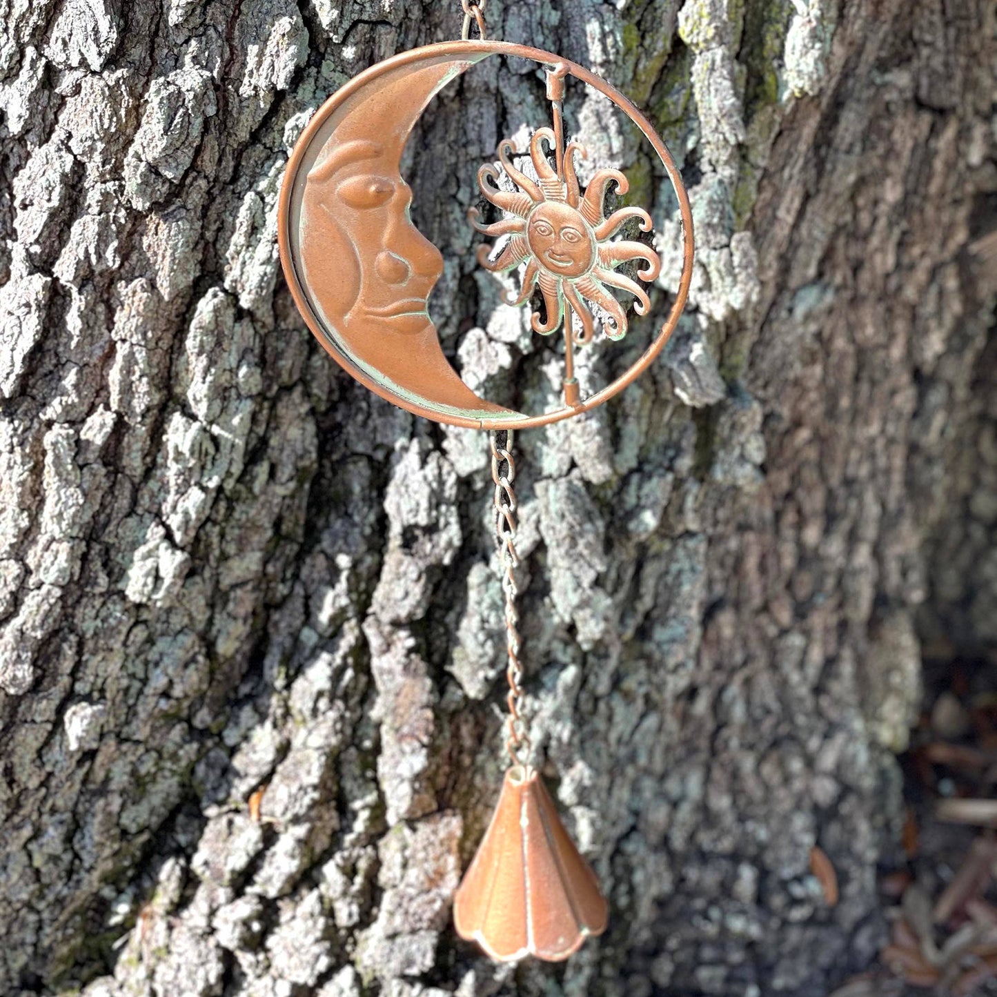 80-Inch Metal Rain Chain with Celestial Crescent Moon & Sun: Copper