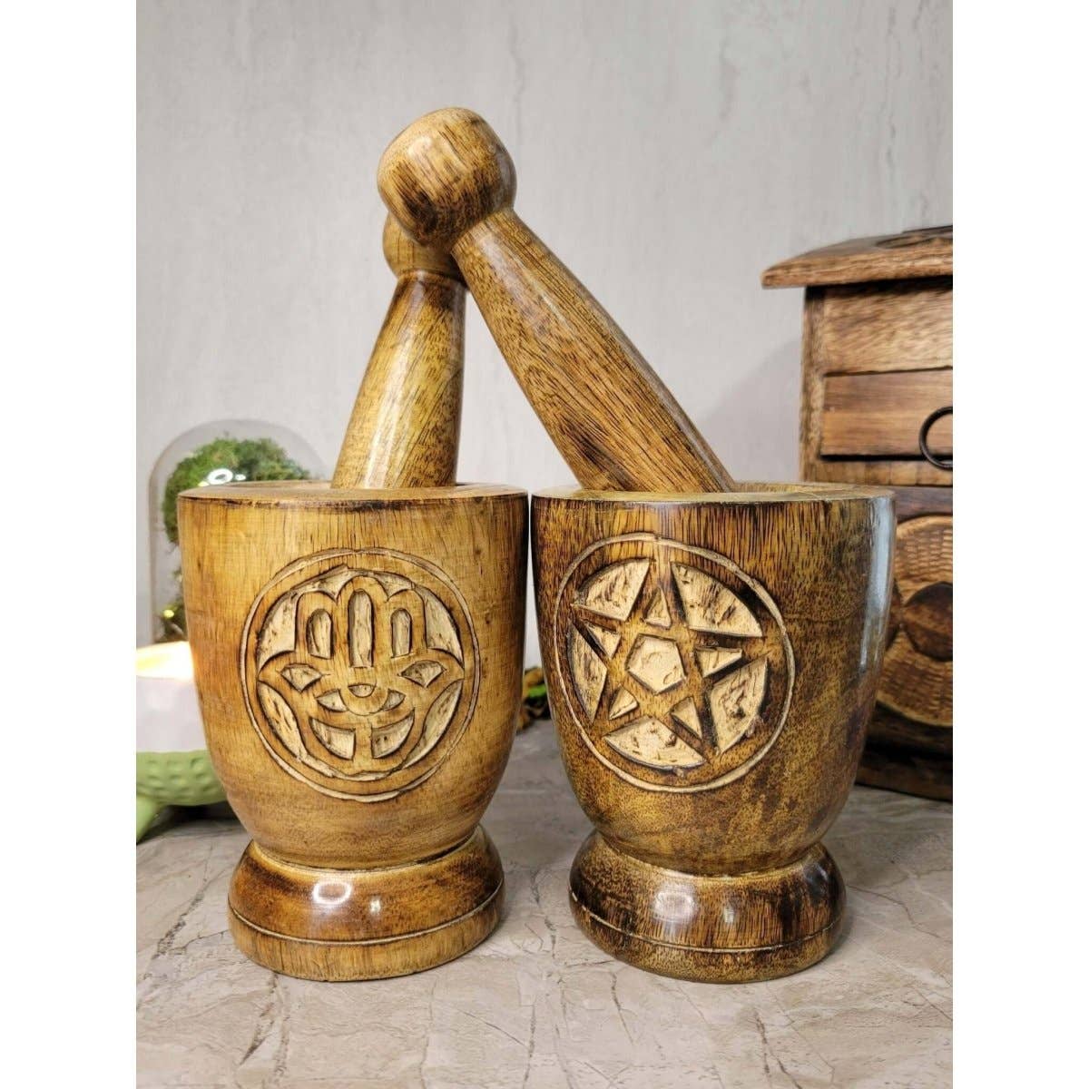 Witch's Wooden Mortar & Pestle; Triquetra