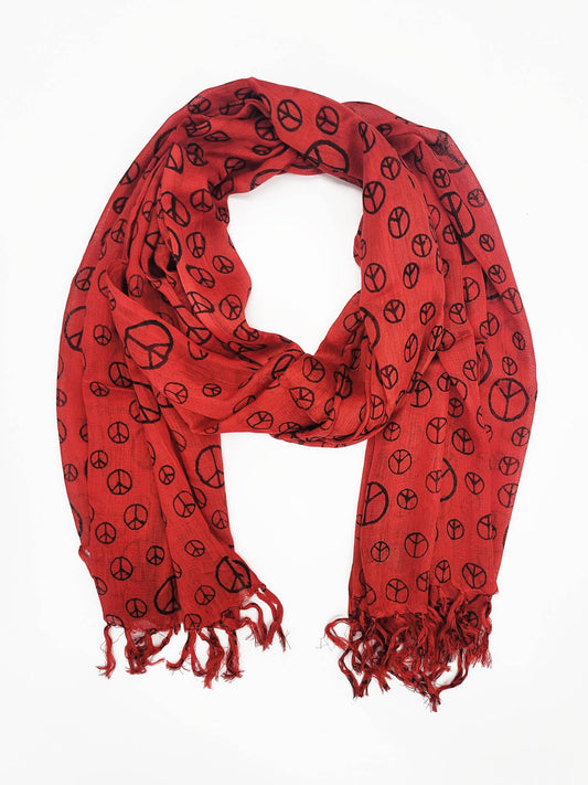 Peace Sign Tassel Scarf: Red