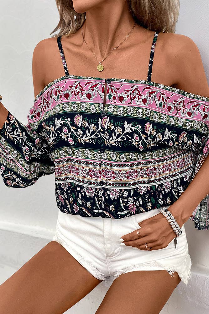 Camisole Batwing Sleeve Bohemian Print Blouse BFZY1325: Black / XL