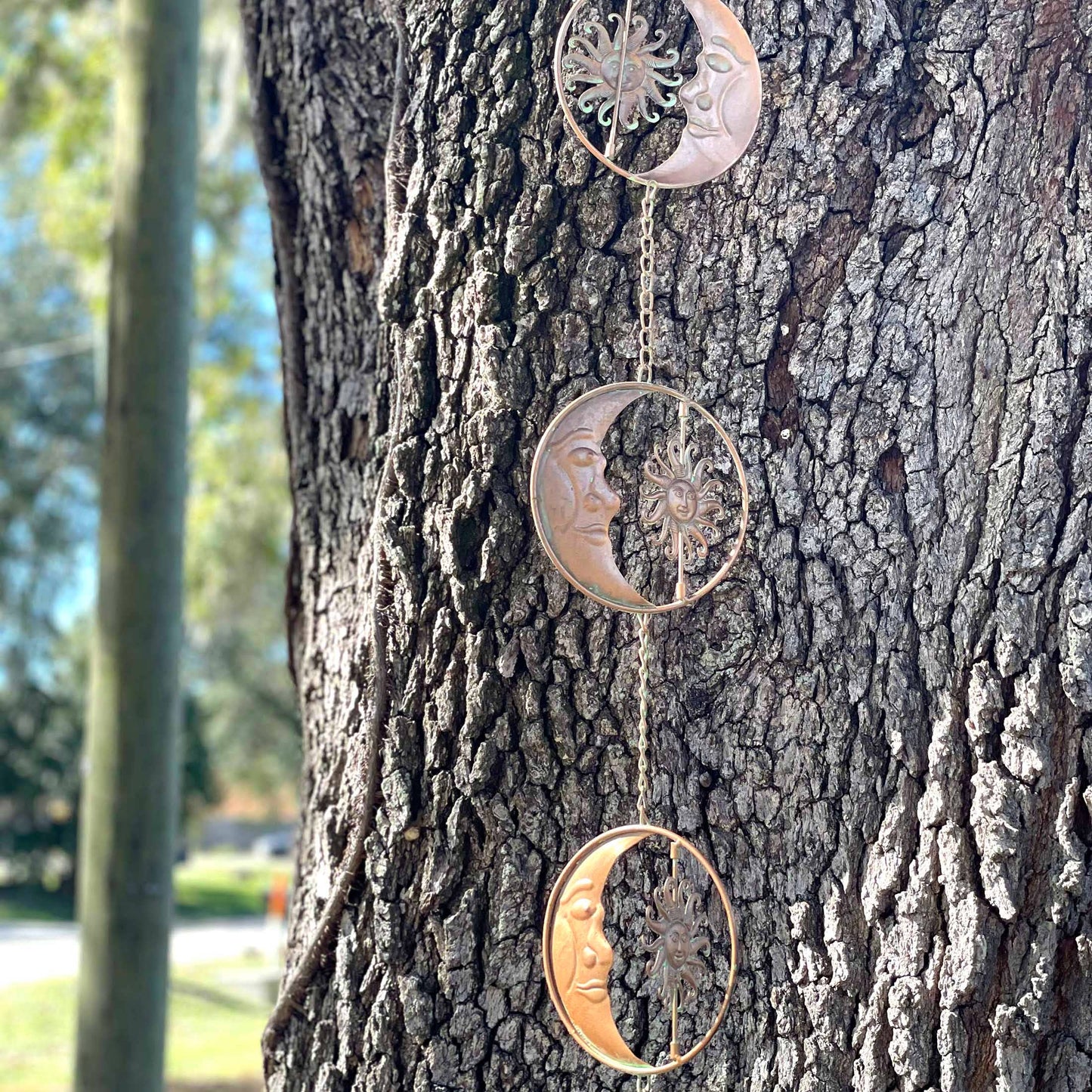 80-Inch Metal Rain Chain with Celestial Crescent Moon & Sun: Copper
