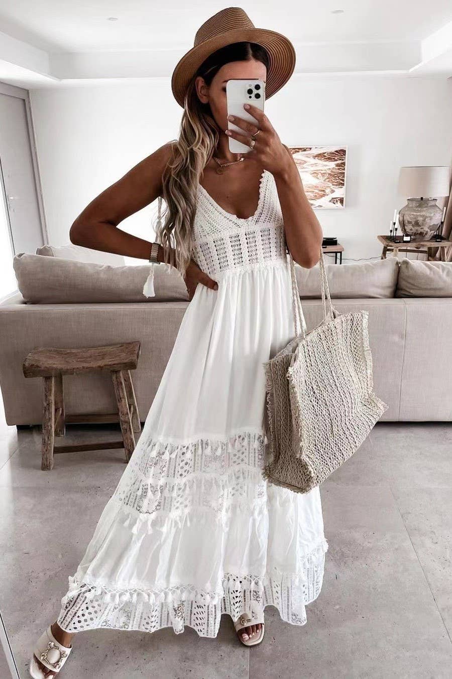 Bohemian Crochet tassel Lace large swing flare dress: Beige / M
