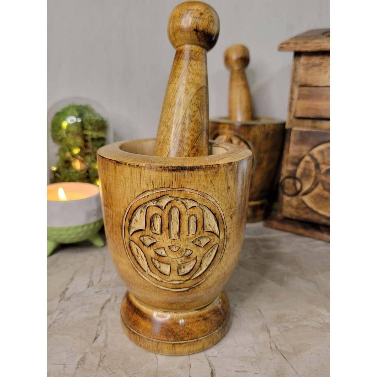 Witch's Wooden Mortar & Pestle; Pentacle